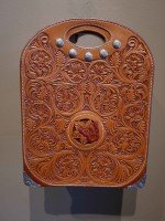 Hand Tooled Leather Tote Bag with Silver Engraving and 14k Gold Corners  / Cary Schwarz / 14.00x11.00 / $7500.00
