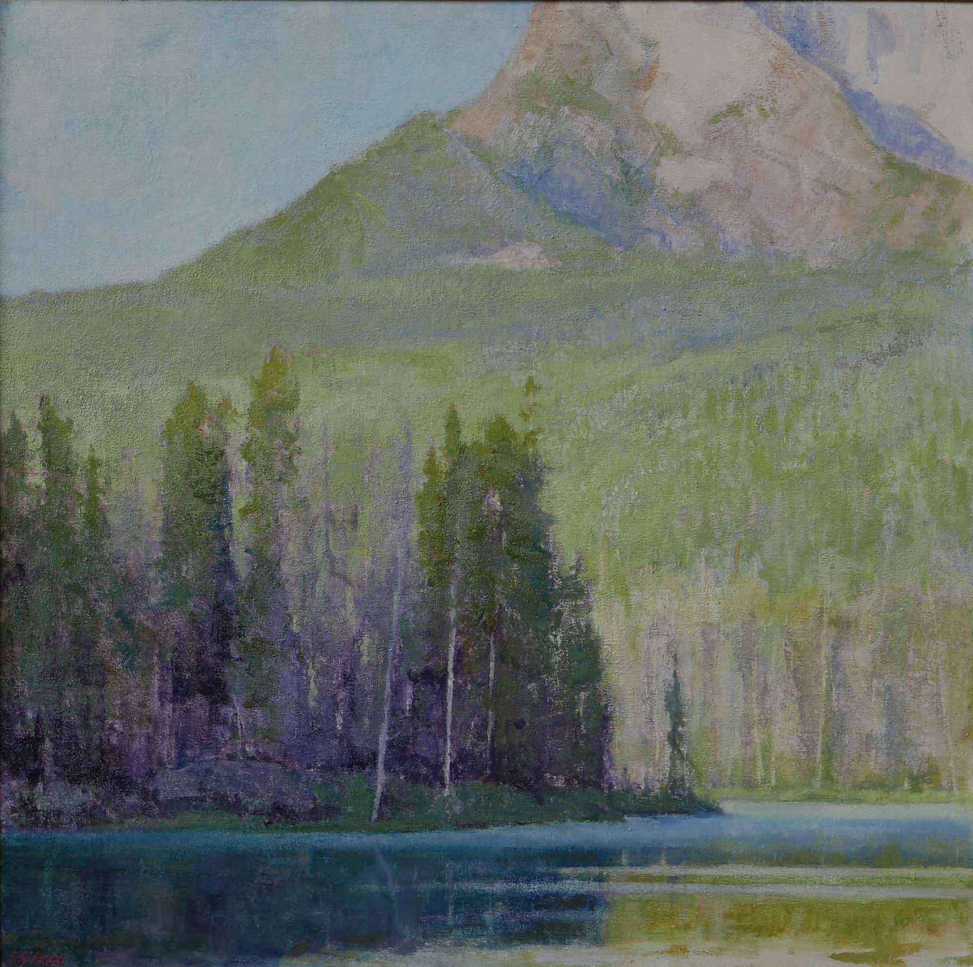 Shadows-of-Morning-Light,-Redffish-Lake-by-Amy-Sidrane-32′-high-X-32′-wide,-oil-on-linen-board,-Price-$11,500.00
