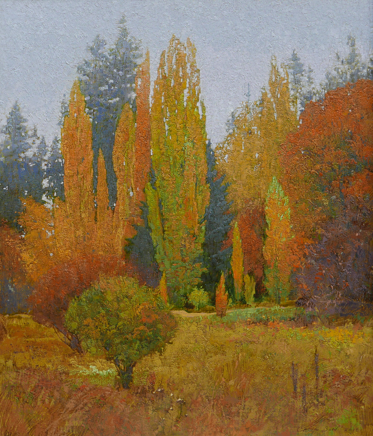 Lombardy Poplars of Medimont by George Carlson, 42 high X 36 wide, oil on linen $77,000.00